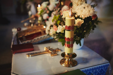 Top view of candles, before the wedding ceremony in the church. Divine Liturgy