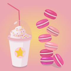 A cup of coffee and several multi-colored macaroons