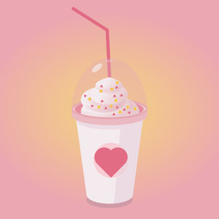 Valentines day greeting card, invitation. Cup of hot chocolate or coffee with cream and paper heart decoration. Vector illustration.