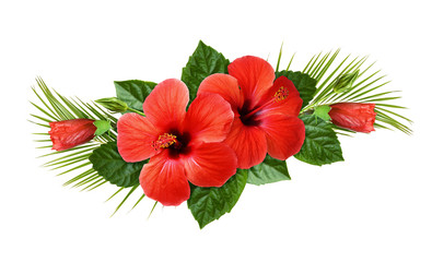 Red hibiscus flowers and palm leaves in a tropical arrangement © Ortis