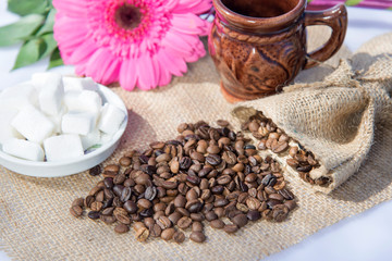 Coffee grinder, coffee beans and cups decoration