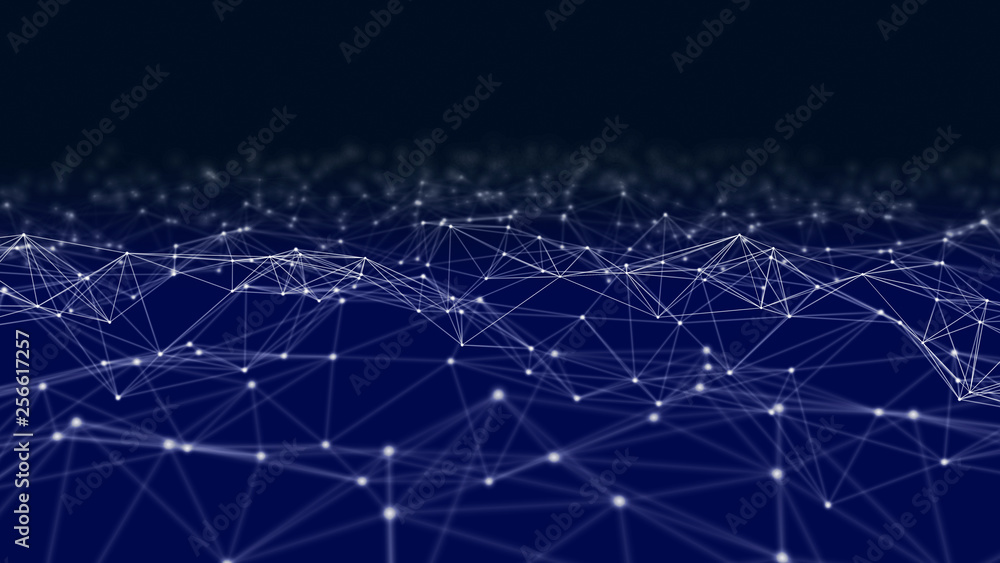 Poster digital data and network connection triangle lines and spheres in futuristic computer technology con
