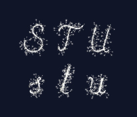 Vector sparkler alphabet font STU letters for birthday and new year