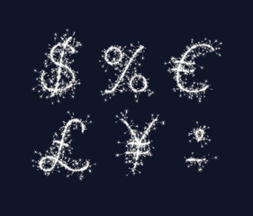 Vector sparkler alphabet font dollar euro pound yen percent currency symbols for birthday and new year