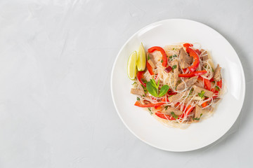 Glass noodles salad with meat. The view from the top. Copy-space.   