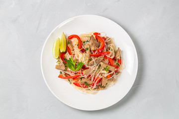 Glass noodles salad with meat. The view from the top. Copy-space.   