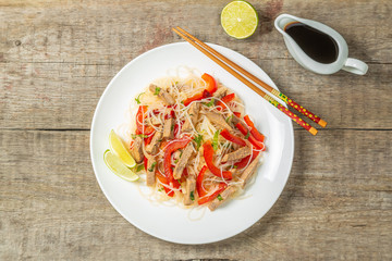 Glass noodles salad with meat. The view from the top. Copy-space.   