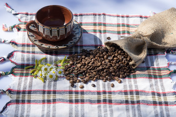 Coffee grinder, coffee beans and cups decoration