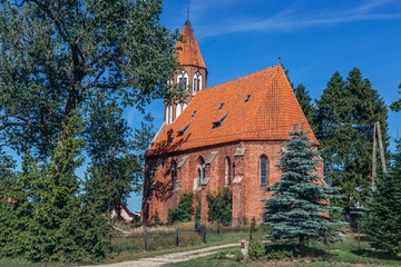 Evangelical church in Stezyca, small town in Kashubia region, Pomeranian Voivodeship in Poland - obrazy, fototapety, plakaty