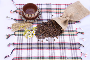 Coffee grinder, coffee beans and cups decoration