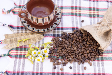 Coffee grinder, coffee beans and cups decoration