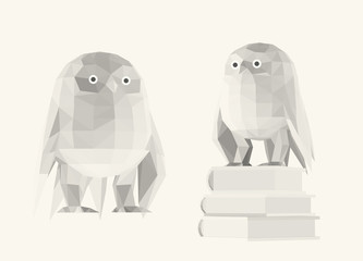Light Owl. Set of Isolated White Owls on White Background. Low Poly Vector 3D Rendering