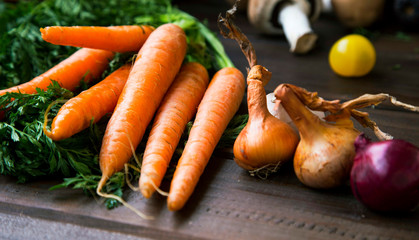 Bio organic vegetables with carrots , onions and garlic, fresh healthy bio veggies from garden