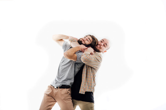 the image of an angry man strangles a man, aggression, wickedness, isolated white background, copy space