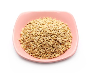Wheat grains in bowl isolated on white background