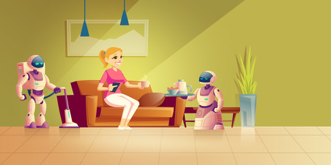 Cleaning and cooking robot cartoon vector concept. Happy woman resting in comfort on sofa, drinking coffee, controlling housekeeping robotic servants with remote illustration. Smart house technologies
