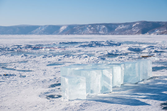 Ice cubes on frozen lake of Baikal during winter.