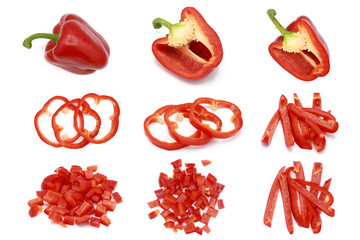 Set of fresh whole and sliced sweet red pepper - isolated on white