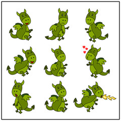 Fototapeta premium Set of funny dragons in cartoon style in different poses isolated on white background.