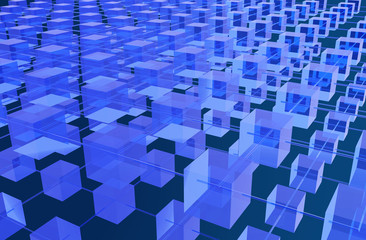 Blockchain concept 3d rendering with blue cubes and chains stands.as cryptocurrency digital code...