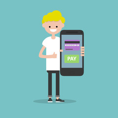 Mobile payment with card.Young character holding a smartphone. Flat cartoon design,Clip art