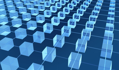 Naklejka premium Blockchain concept 3d rendering with blue cubes and chains stands.as cryptocurrency digital code chain.