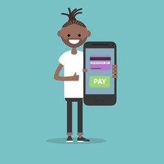 Mobile payment with card.Young character holding a smartphone. Flat cartoon design,Clip art