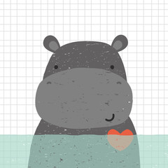 Cute hippopotamus in water. Kids hand drawn print. Vector illustration.