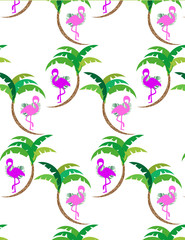 Fondo diseño tropical. Palmeras y flamencos.
