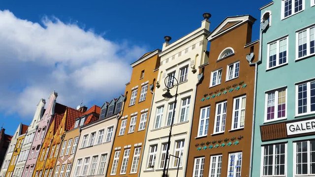 row of beautiful colorful buildings facades at the Gdansk city old town, Poland