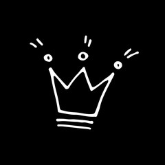 Cute cartoon hand drawn crown drawing. Sweet vector black and white crown drawing. Isolated monochrome doodle crown drawing on black background.