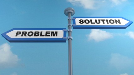 Obraz premium Problem - Solution blue arrow street signs - 3D rendering illustration