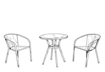  isolated round table and two chair sketch, lines