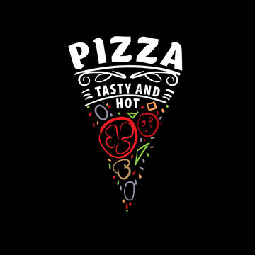 Logo of a sketched pizza. Vector illustration on black background