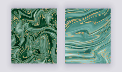 Set liquid marble texture. Green and golden glitter ink painting abstract pattern. Trendy backgrounds for wallpaper, flyer, poster, card, invitations. Modern art.