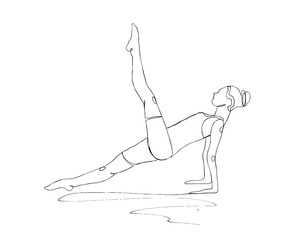 Illustration. Continuous line ink drawing. Sport woman engaged in yoga on white background.