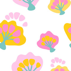 vector yellow pink cute funny cartoon flowers seamless pattern on white
