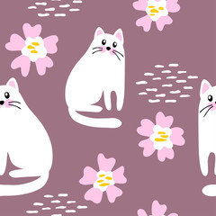 vector seamless pattern cute funny cartoon cat with flowers on white