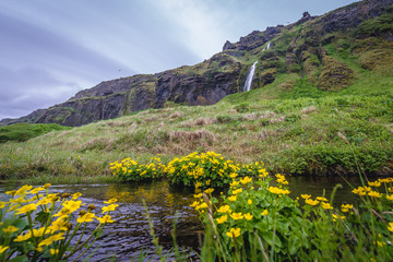 Fototapeta na wymiar View on the Fosstunsfoss waterfall next to famous Seljalandsfoss waterfall in Iceland