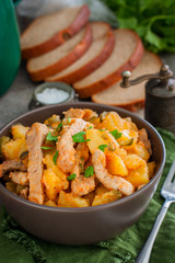 Pork and potato aza, traditional Tatar dish, selective focus
