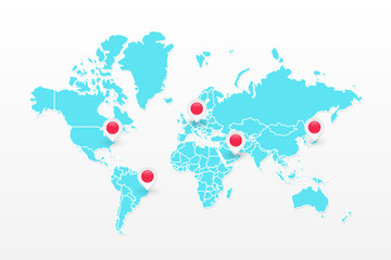 Naklejka premium Vector world map infographic symbol. Blue icon with red map pointers. International global illustration sign. Design elements for business, global marketing project, web, presentation, template
