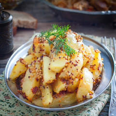 Sliced roasted potatoes in mustard with grains, square