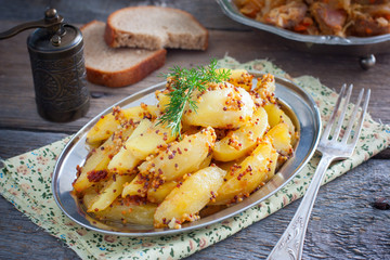 Sliced roasted mustard potatoes with grains on a metal platter, horizontal