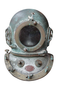 Old rusty vintage diver metal helmet isolated on white background with clipping path