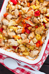 Baked vegetables with turkey fillet in the form, top view, selective focus