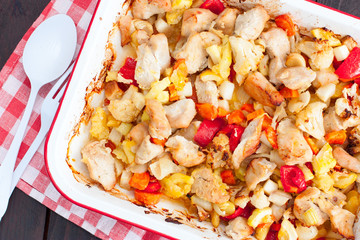 Baked vegetables with turkey fillet in the form, top view, selective focus