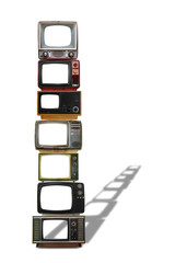 Stack of old TVs form a tower with shadow on white background