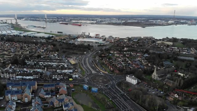 Aerial view of Thames river and Dartford Crossing at Greenhithe, Kent
