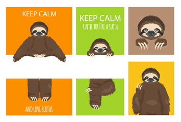 Sloth greeting collection with place for text. Funny cartoon animals in different postures set © a7880ss