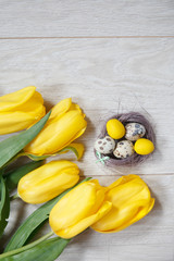 Easter background with Easter eggs in nest and yellow tulips on wooden table. Top view